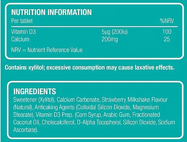 Natures Aid - Natures Aid Super Stars Podpora kostí - příchuť jahodového mléčného koktejlu (60 žvýkacích tablet) - Obrázek 2