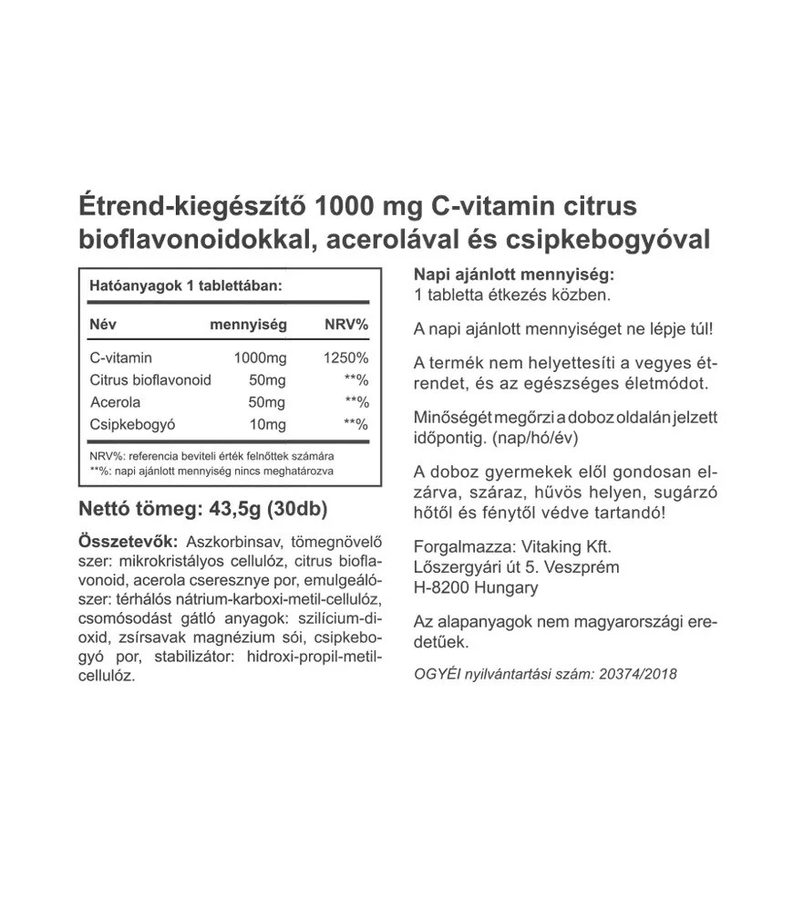 Vitaking - Vitamín C 1000 mg s 50 mg citrusových bioflavonoidů a acerolou (30 tablet) - Obrázek 2