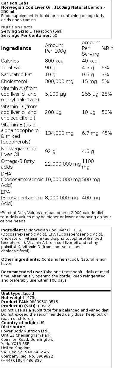 1100mg Natural Lemon - 250 ml.