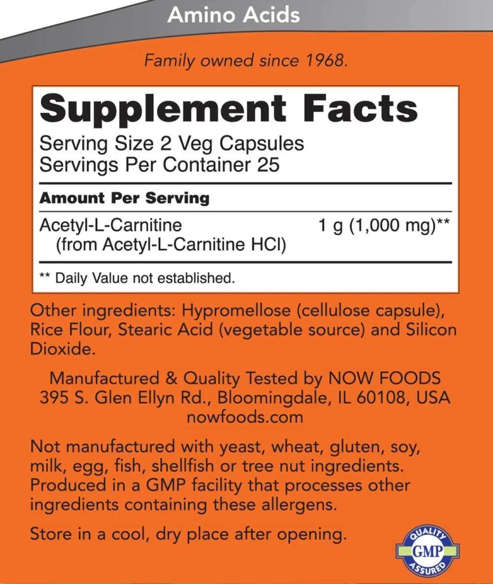 NOW Foods Acetyl-L-Carnitine 500 mg Kapsle - Obrázek 2
