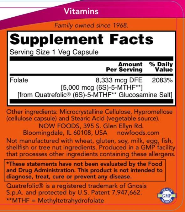NOW Methyl Folate 5000 mcg 50 Kapsle - Obrázek 2
