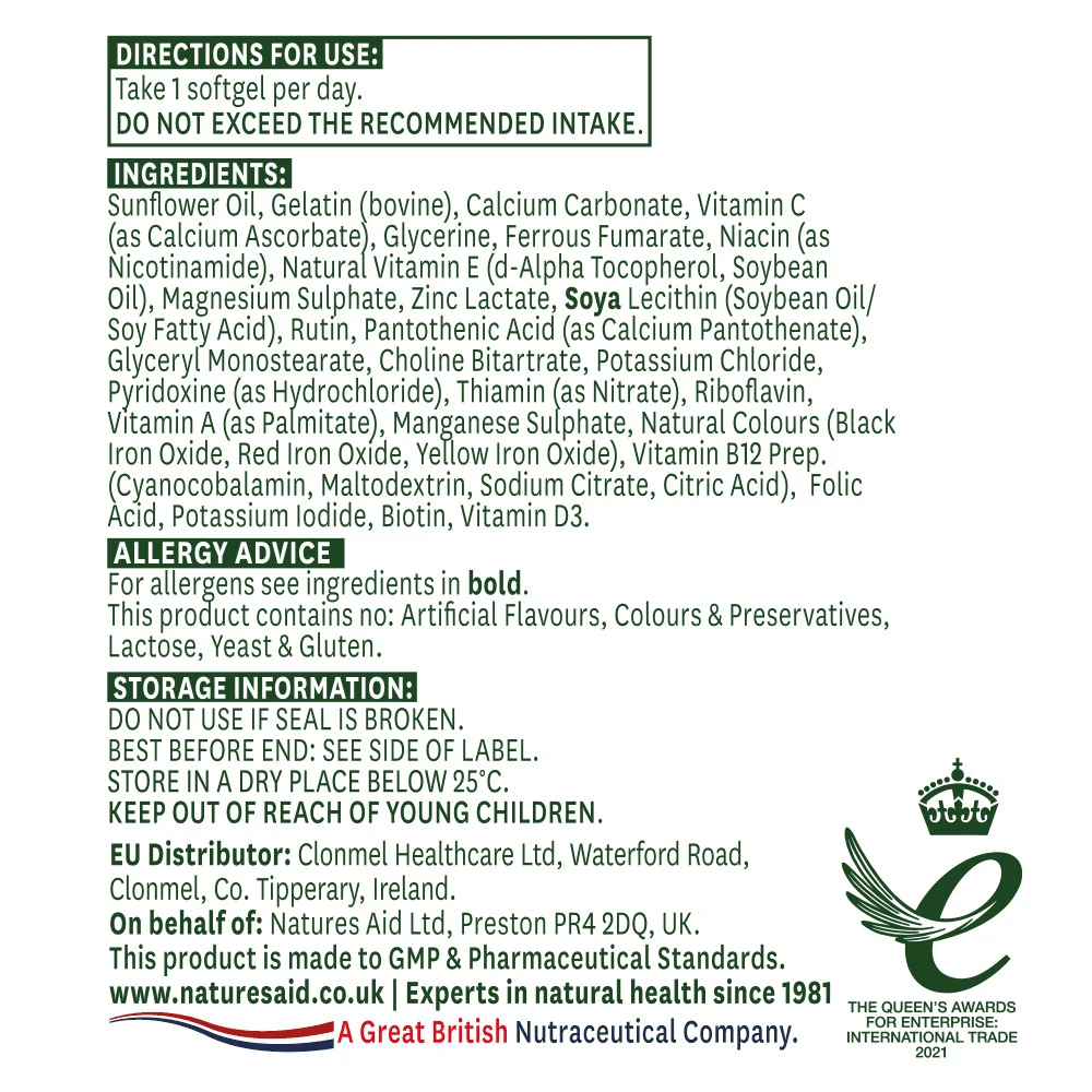 Natures Aid Multi-Vitamins & Minerals with Iron 90 Softgelů - Obrázek 2