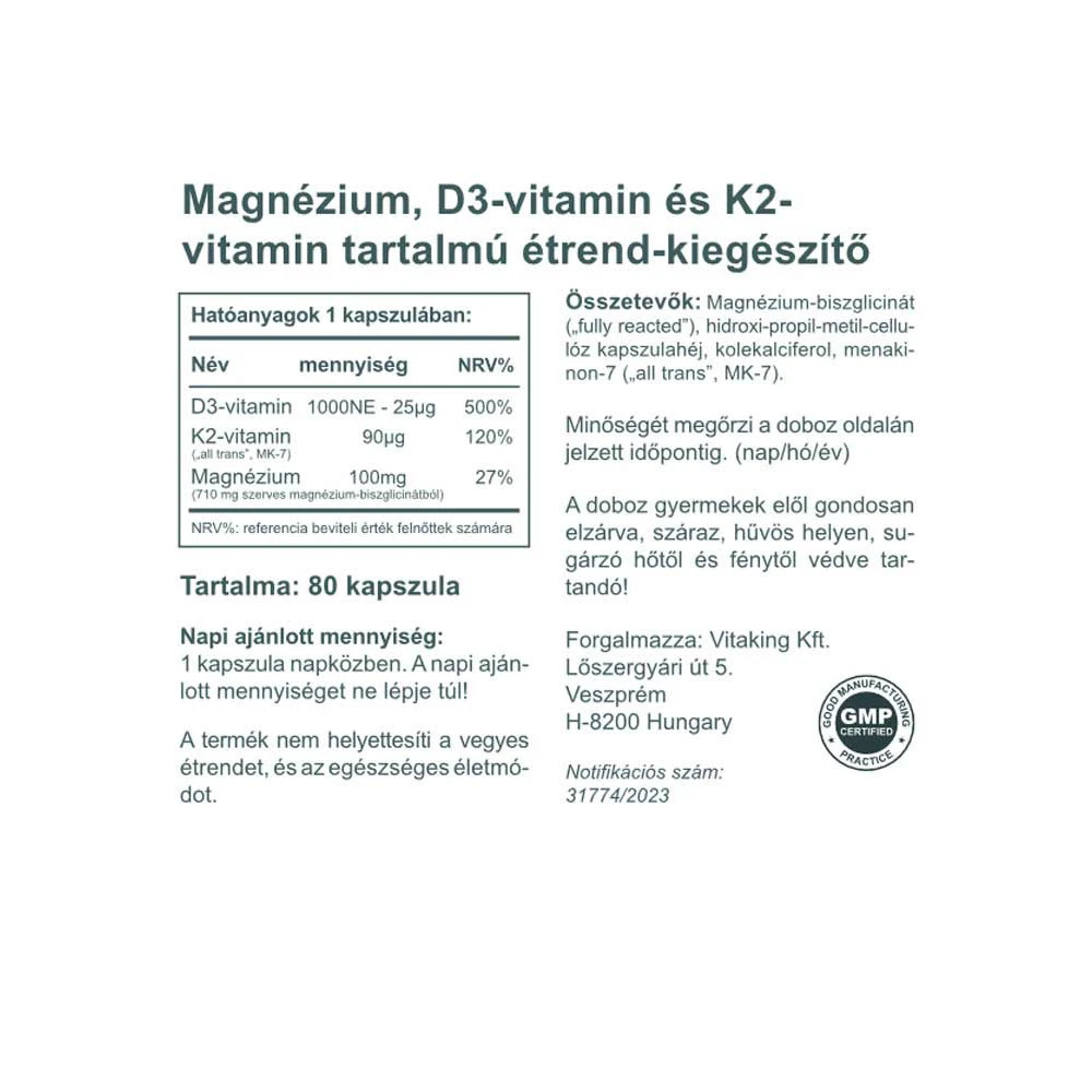 Vitaking MagneTrio D3+K2+ Magnesium bisglycinate 80 Kapsle - Obrázek 2