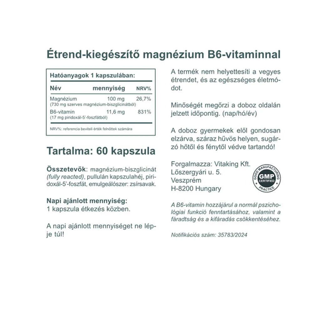 Vitaking Magnesium Bisglycinate + Vitamin B6 (P5P) 60 Kapsle - Obrázek 2