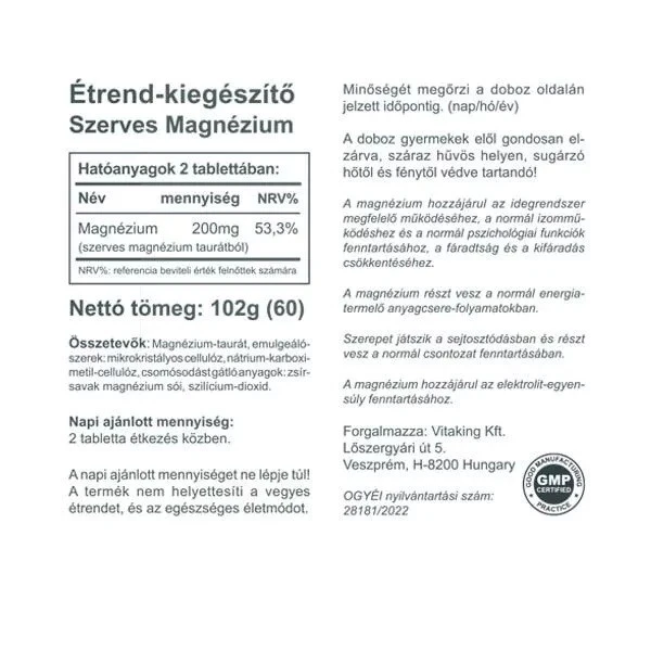 Vitaking Magnesium Taurate 100 mg 60 Tablet - Obrázek 2